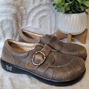 Alegria Brown Mules with Buckle Detail